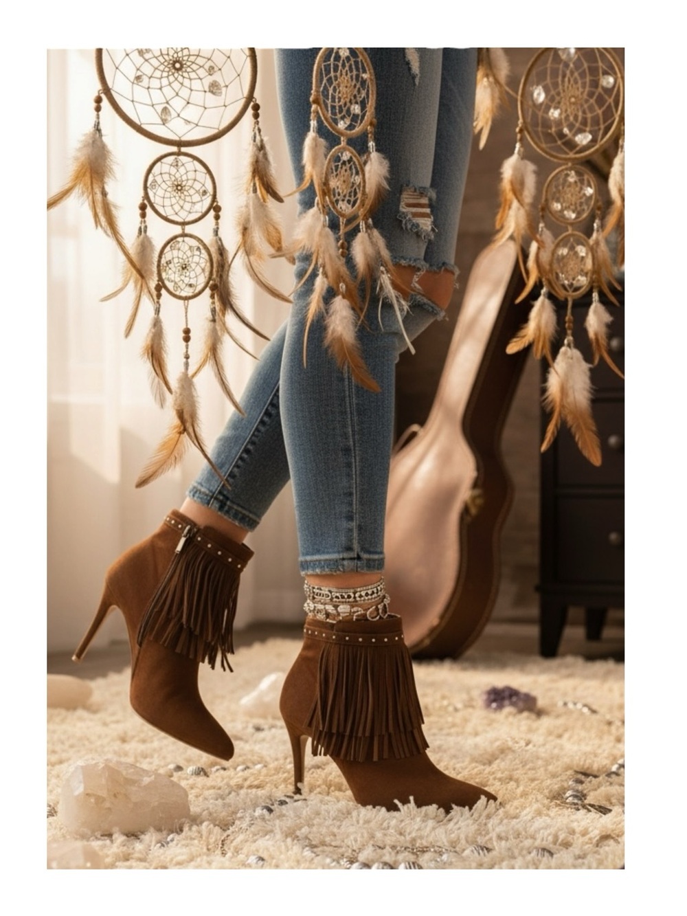 White House Black Market WHBM ꧁ Suede Fringed Heeled Ankle Boots ꧁ Cognac ꧂ 9.5